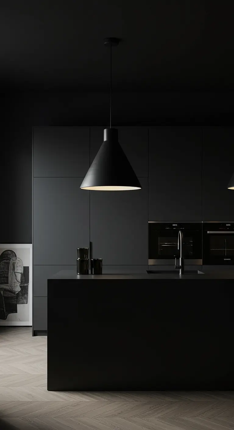 Cocina minimalista completamente negra con una única lámpara colgante en forma de cono negro.