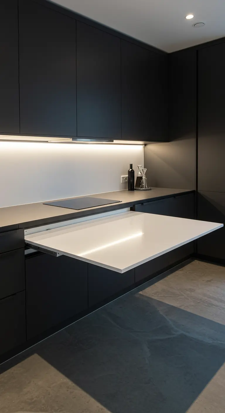 Encimera blanca extraíble y plegable integrada en un mueble de cocina de color negro mate.