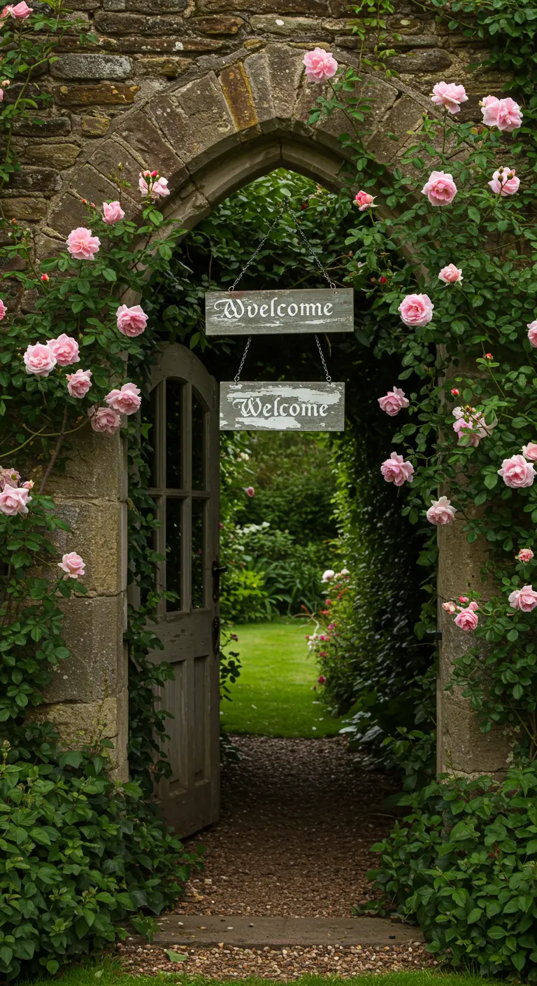 Dos carteles de bienvenida de madera colgando en un arco de piedra cubierto de rosas.