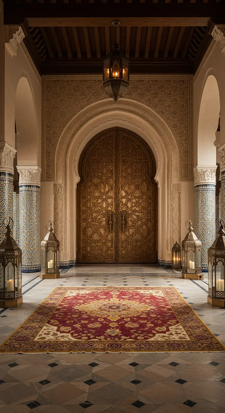 Gran entrada palaciega con puerta ornamentada, columnas con mosaicos, faroles y una lujosa alfombra