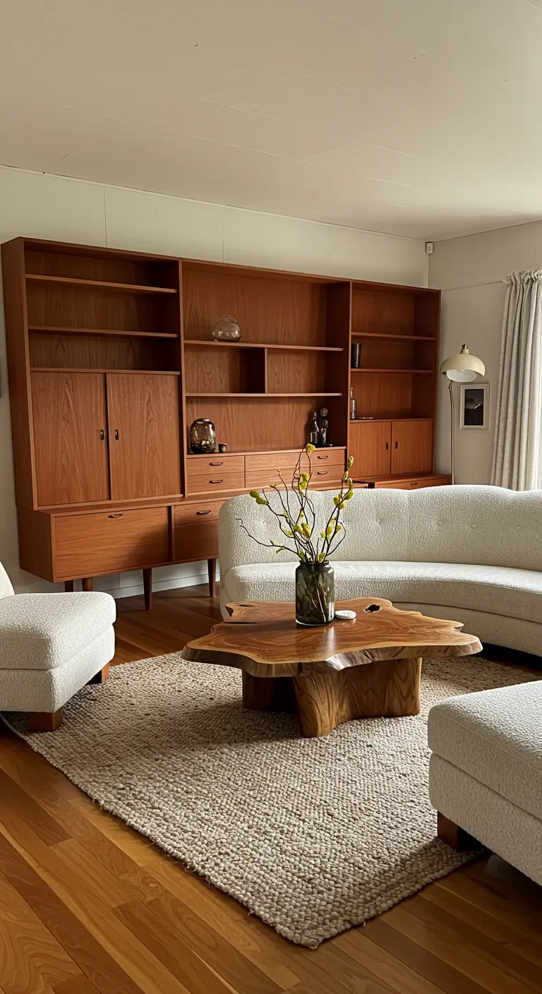 Sala con gran mueble de pared de teca y sofá bouclé blanco.