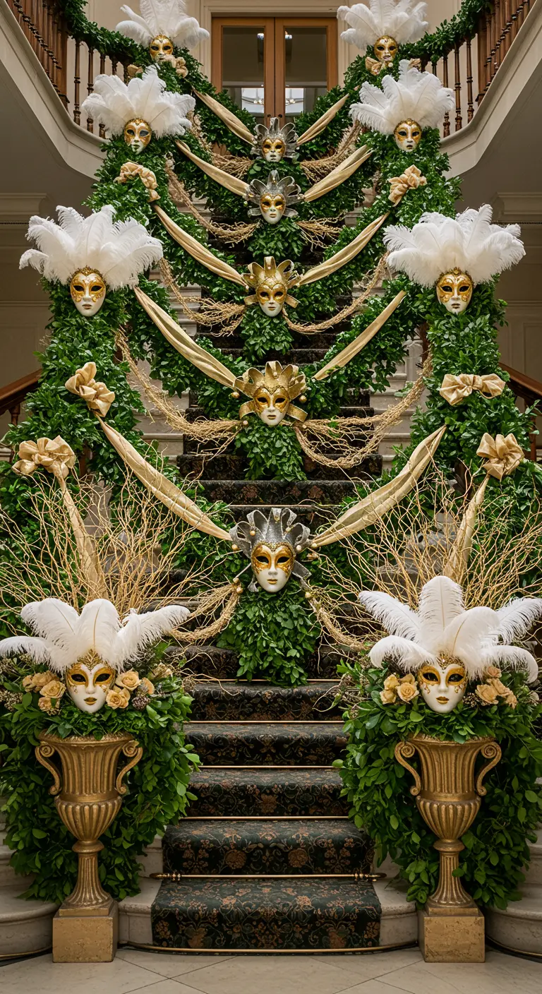 Escalera señorial decorada con guirnaldas verdes, lazos dorados y máscaras venecianas con plumas.