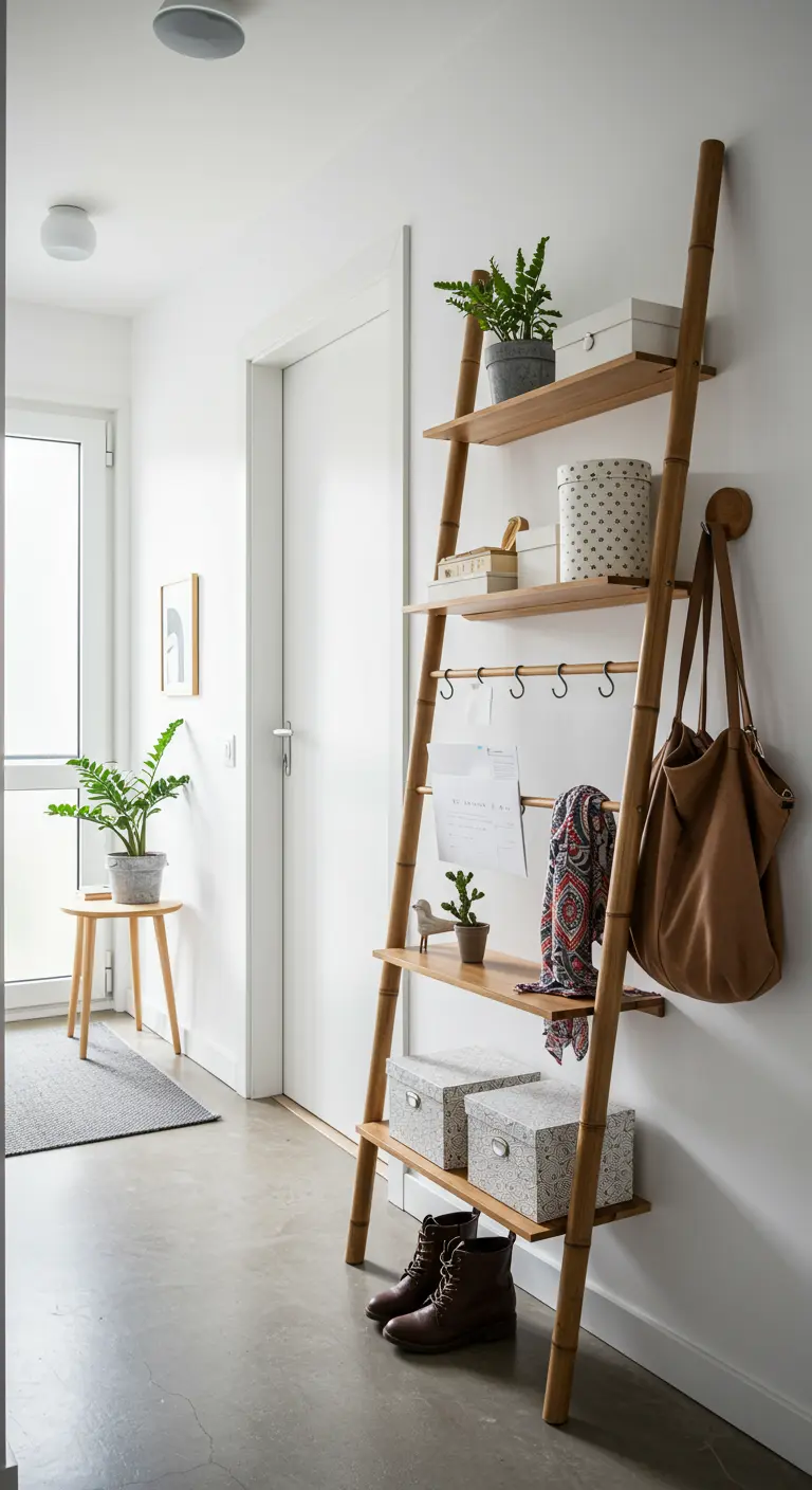 Estantería de bambú en forma de escalera apoyada en la pared con cajas, plantas y un bolso.