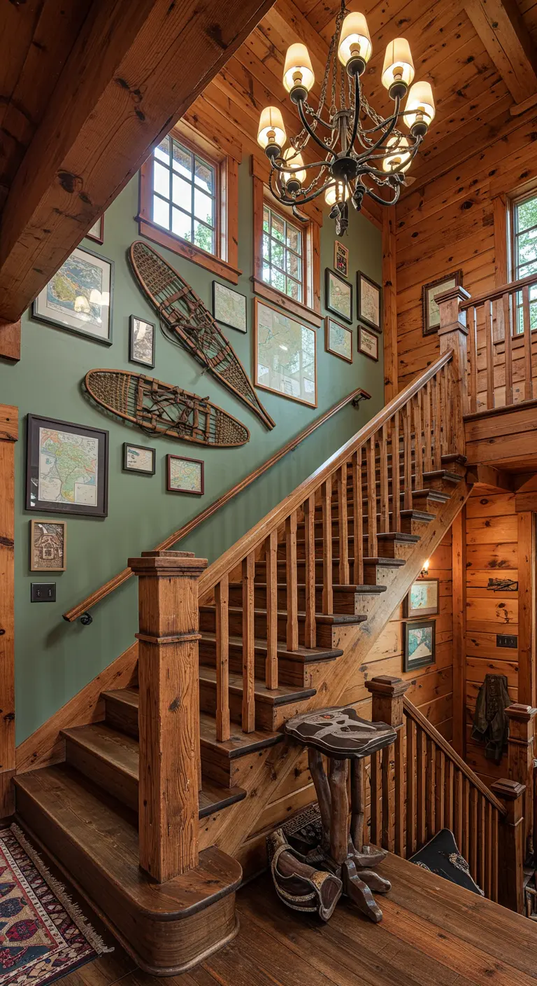 Escalera de madera decorada con mapas antiguos y raquetas de nieve vintage en una pared verde.