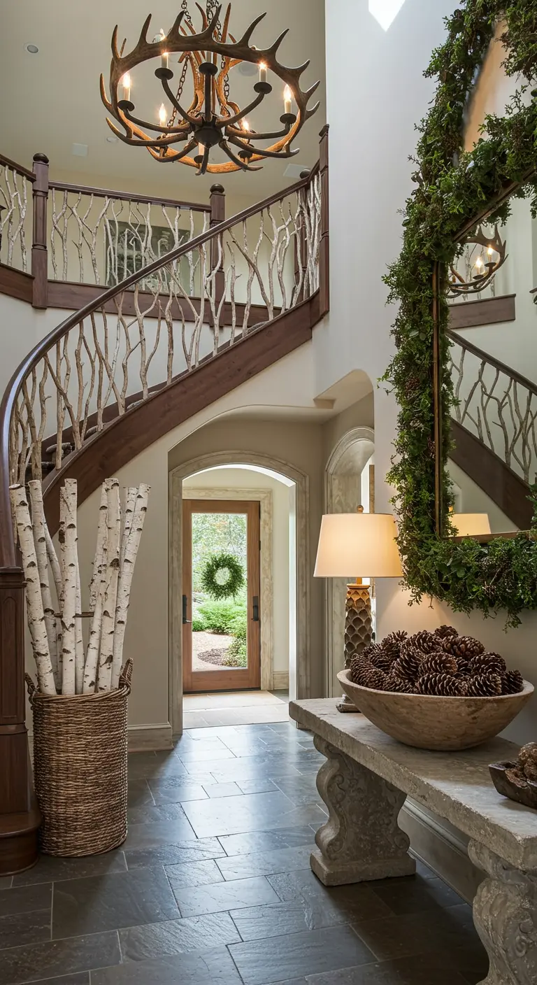 Entrada majestuosa con escalera de barandilla de ramas y cuenco de piñas.