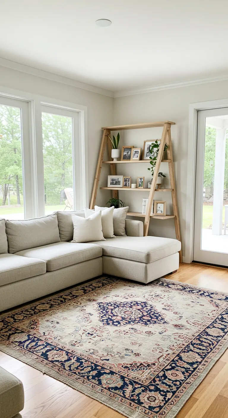 Escalera de madera decorativa apoyada en la pared con mantas colgadas