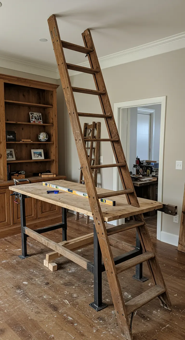 Mesa de trabajo de madera y metal con una escalera de mano de madera apoyada sobre ella.