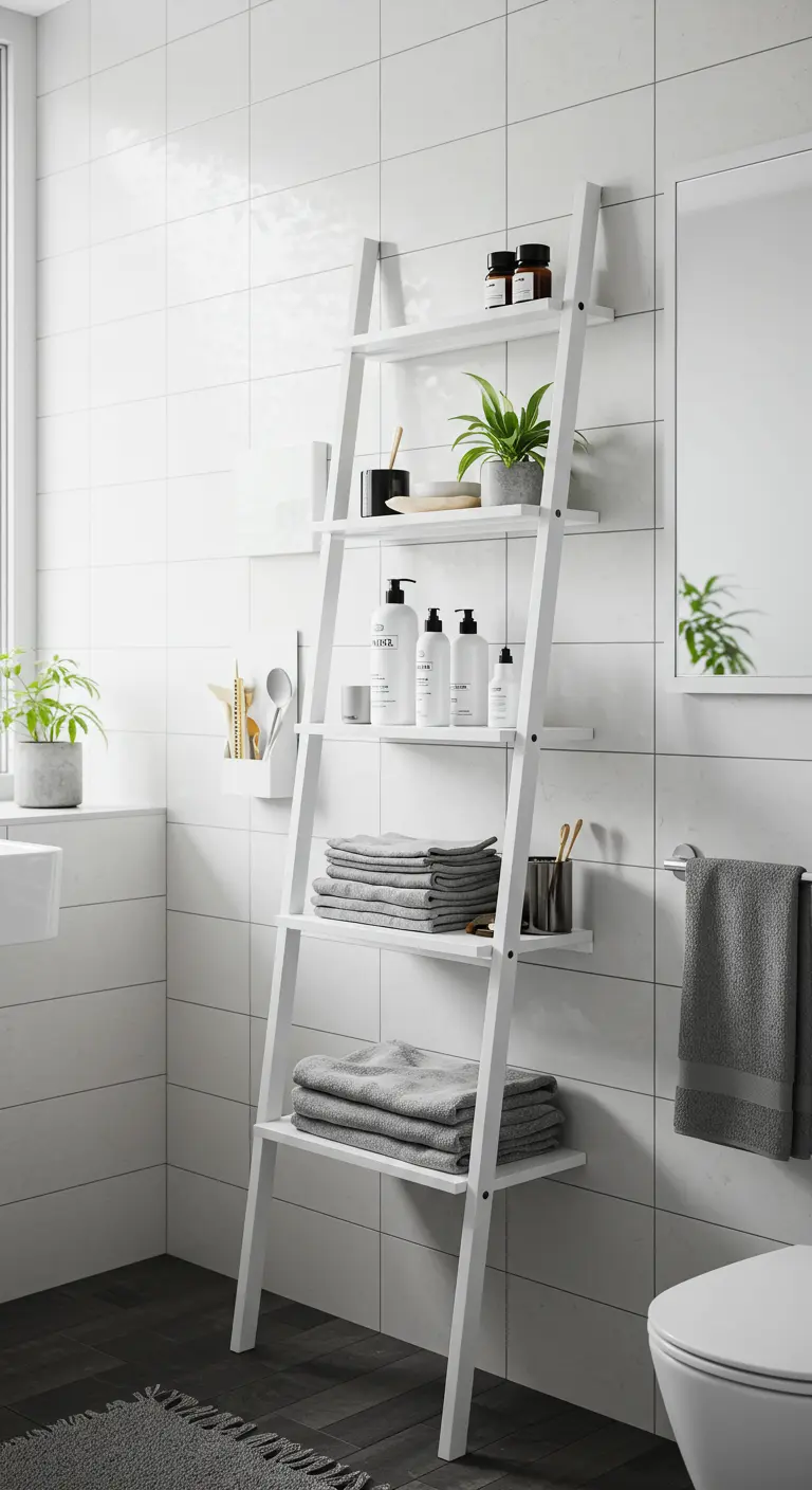 Estantería blanca en forma de escalera apoyada en una pared de azulejos de baño con toallas y plantas.