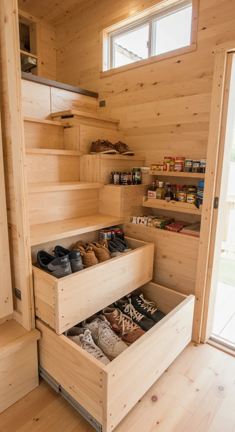 Escalera de madera con cajones extraíbles en cada peldaño, llenos de zapatos.