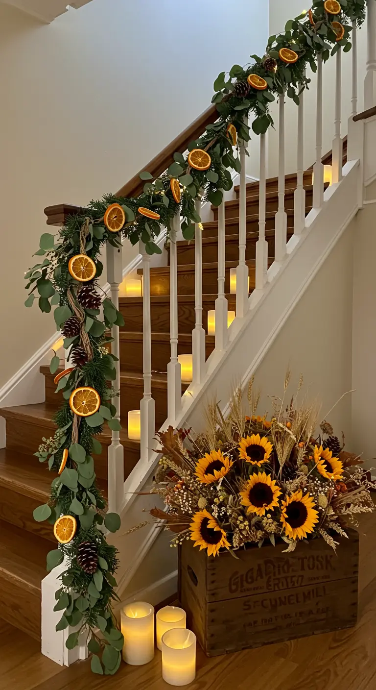Escalera de madera decorada con una guirnalda de eucalipto, naranjas secas y velas LED.