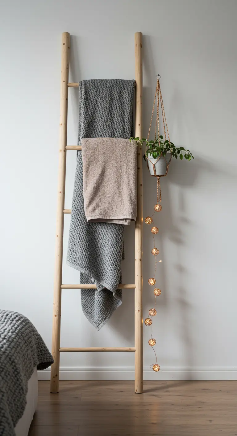 Escalera de madera apoyada en la pared, utilizada para colgar mantas y una guirnalda de luces.