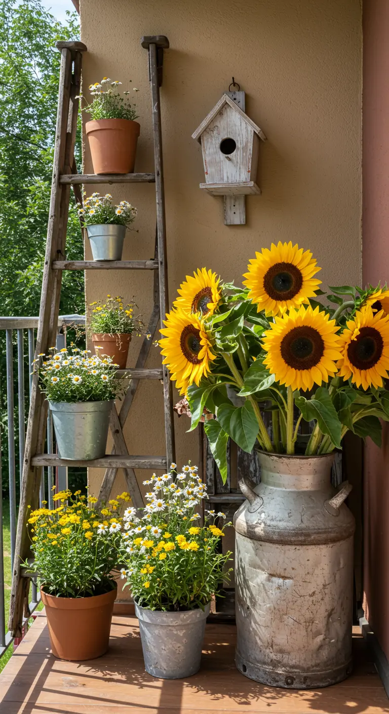 Escalera de madera vieja usada como estantería para macetas con flores en un balcón rústico.