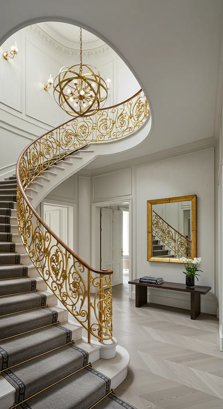 Escalera de caracol con barandilla dorada ornamentada en una entrada de lujo.