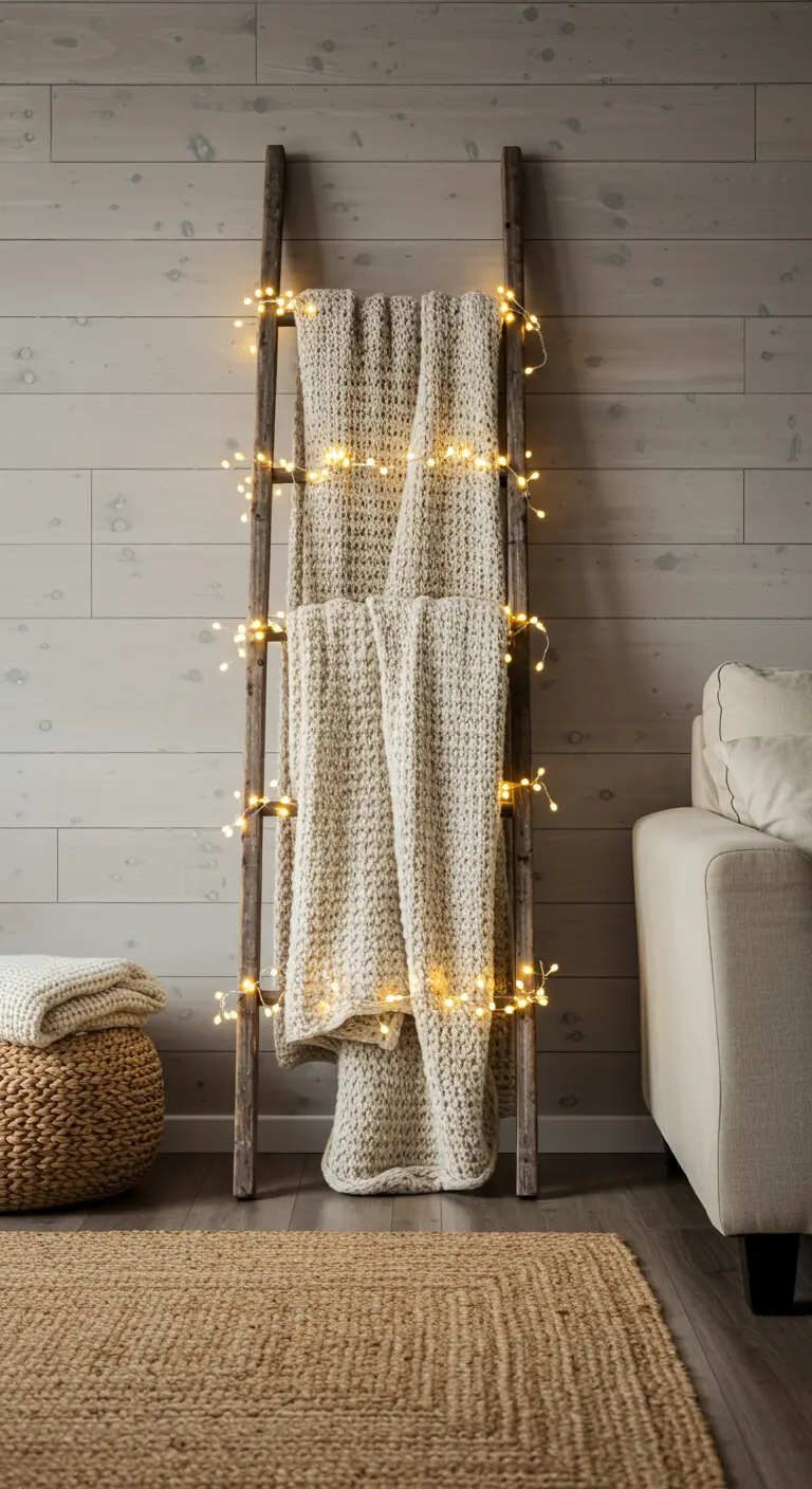 Escalera decorativa de madera con una manta y luces de hadas entrelazadas