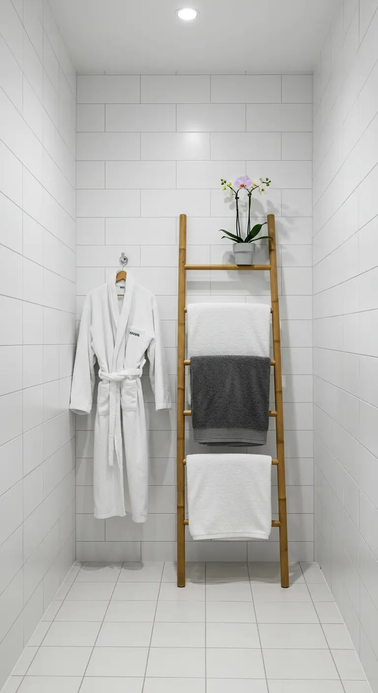 Escalera de bambú utilizada como toallero en un baño minimalista de azulejos blancos.