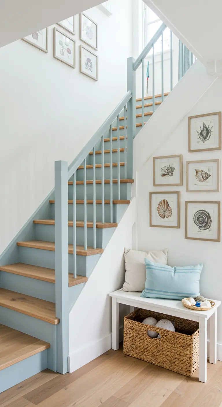 Rincón bajo escalera con barandilla azul, banco blanco y láminas de conchas.