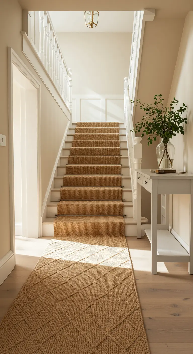 Escalera luminosa con alfombra de yute, barandilla blanca y consola minimalista.