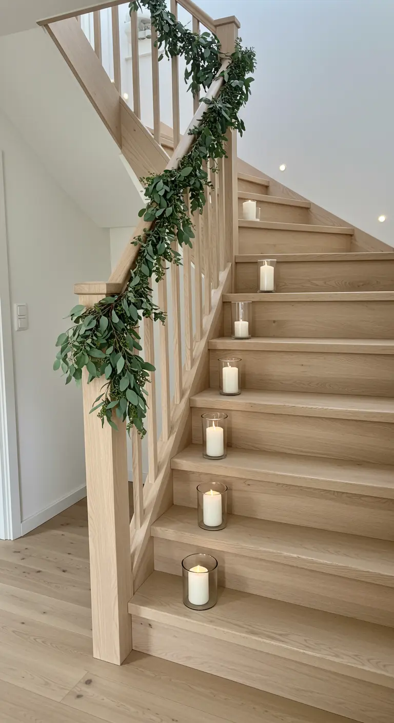 Escalera de madera con la barandilla decorada con una guirnalda de eucalipto y velas en los escalones