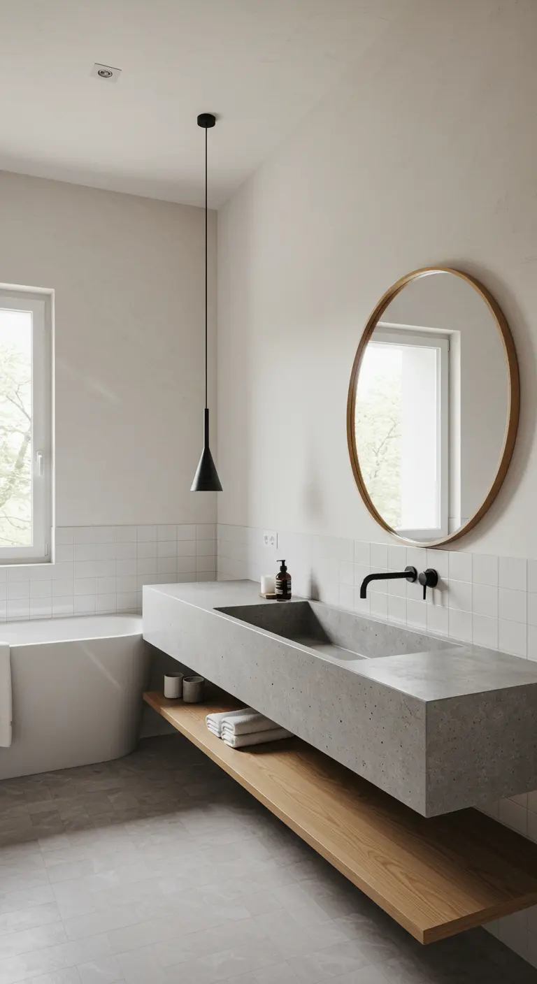 Baño con un gran lavabo de cemento sobre una balda de madera y una lámpara colgante negra.
