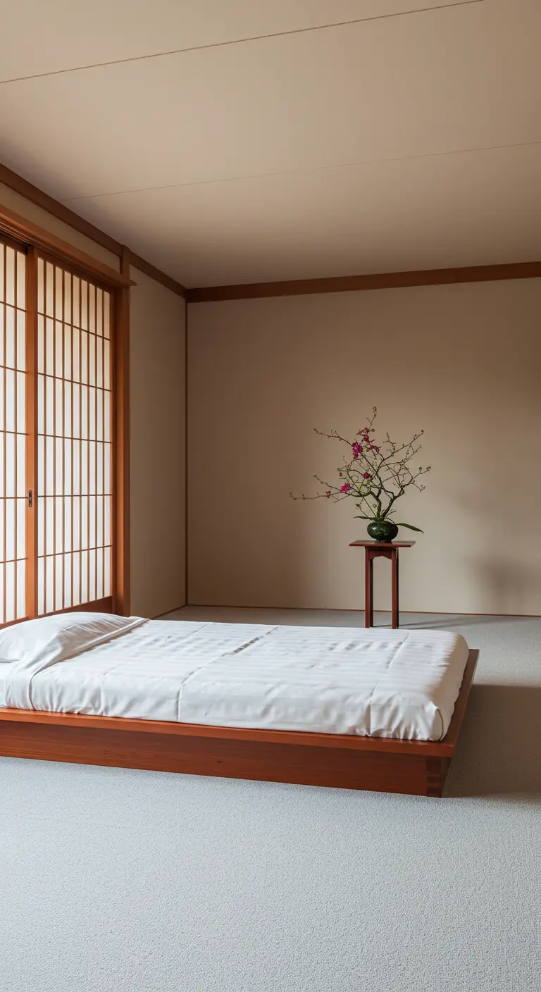 Dormitorio japonés ultra minimalista con cama baja, puerta Shoji y un arreglo Ikebana.