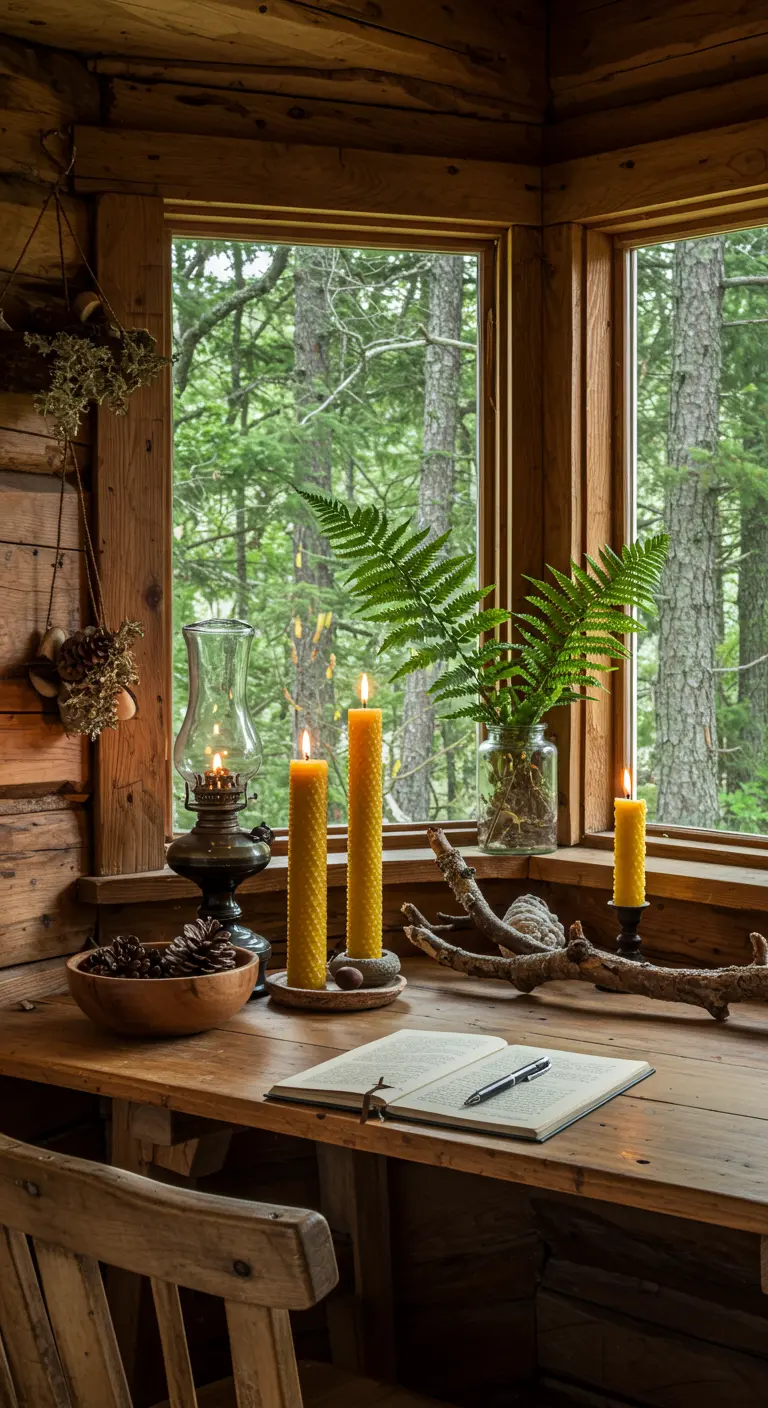 Rincón de escritura en una cabaña de madera con vistas al bosque, decorado con velas de cera.