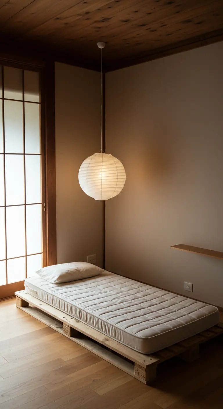 Dormitorio minimalista de inspiración japonesa con una cama baja de palet y una lámpara de papel.