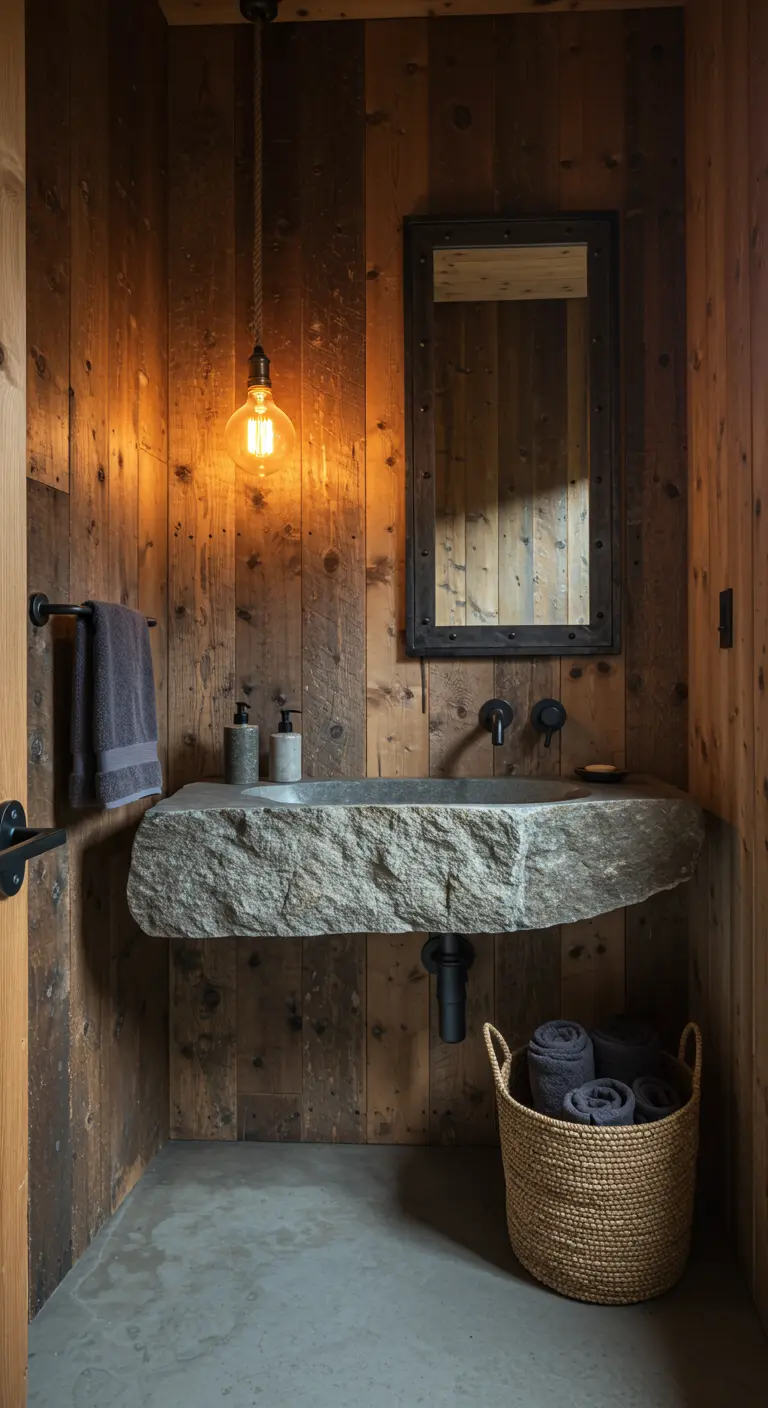 Baño pequeño y rústico con paredes de madera recuperada y un lavabo tallado en una roca.
