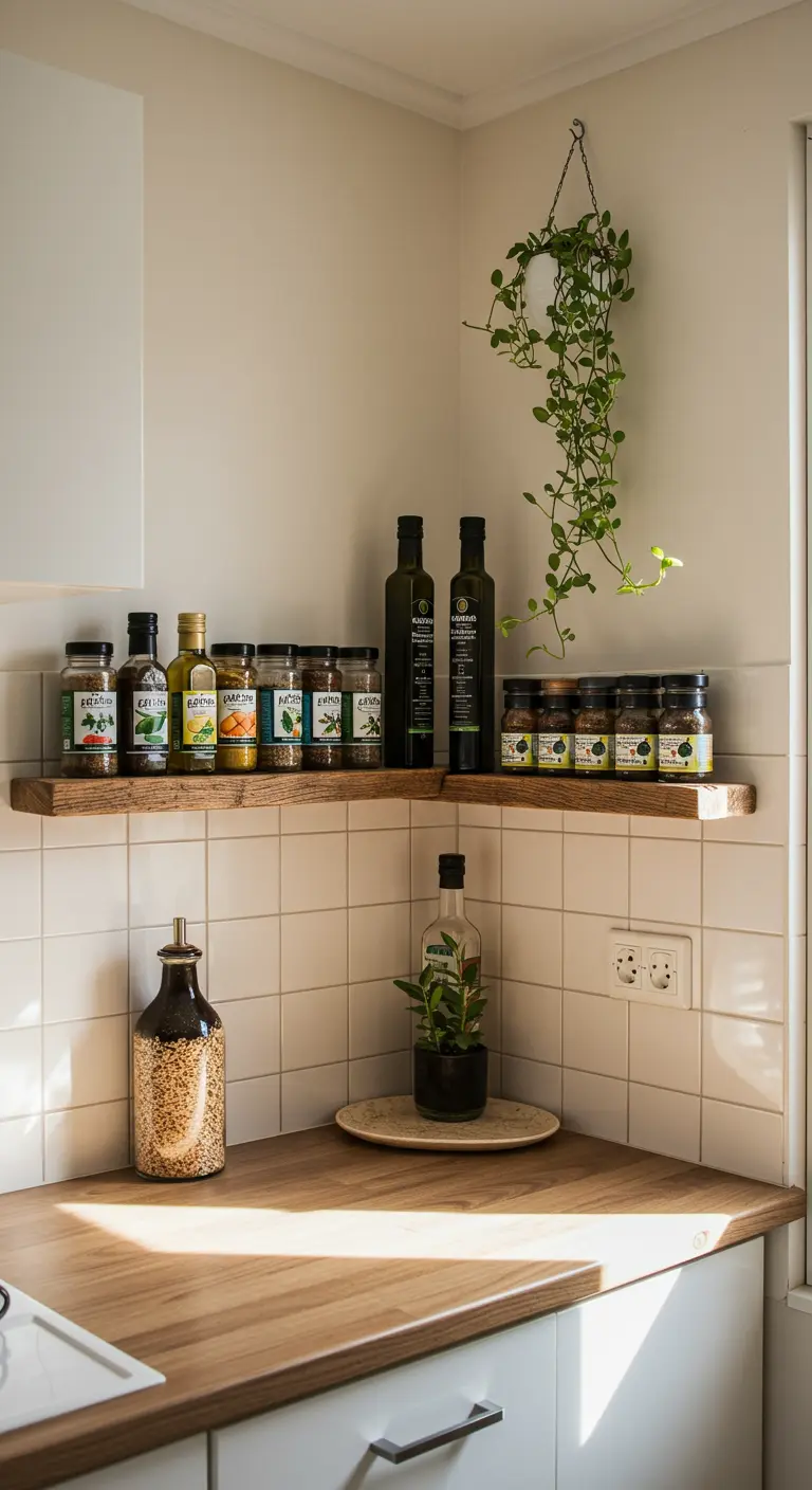 Repisas de madera en esquina de cocina con botes de especias y aceite.