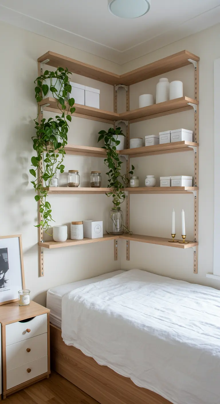 Sistema de estanterías de madera en una esquina sobre la cama, con cajas blancas y plantas colgantes.
