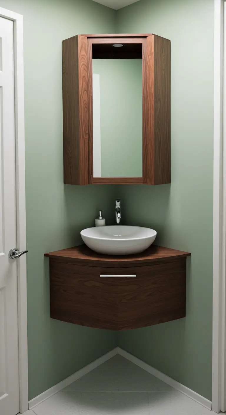 Mueble de baño esquinero flotante de madera oscura en una pared verde menta.