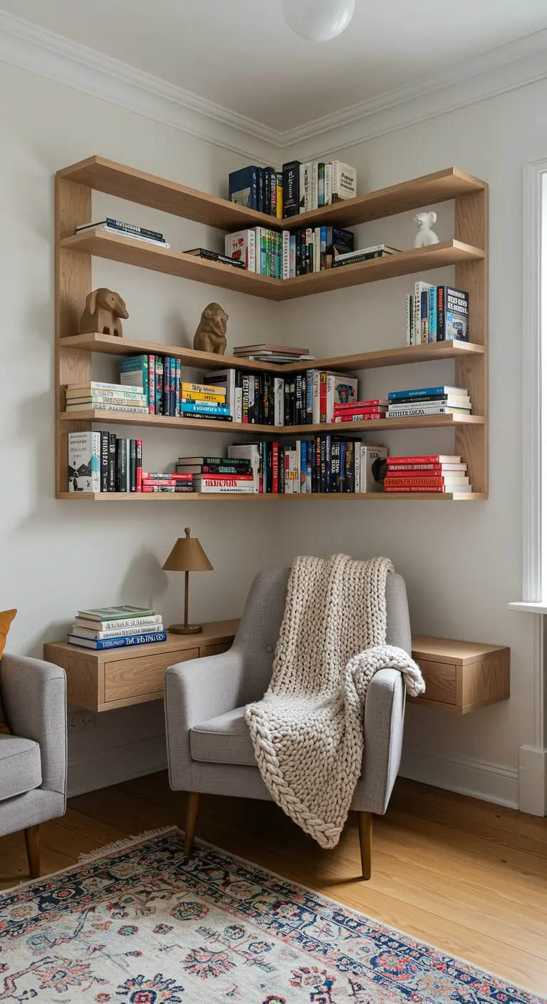 Estanterías flotantes de madera que aprovechan una esquina para crear un rincón de lectura.