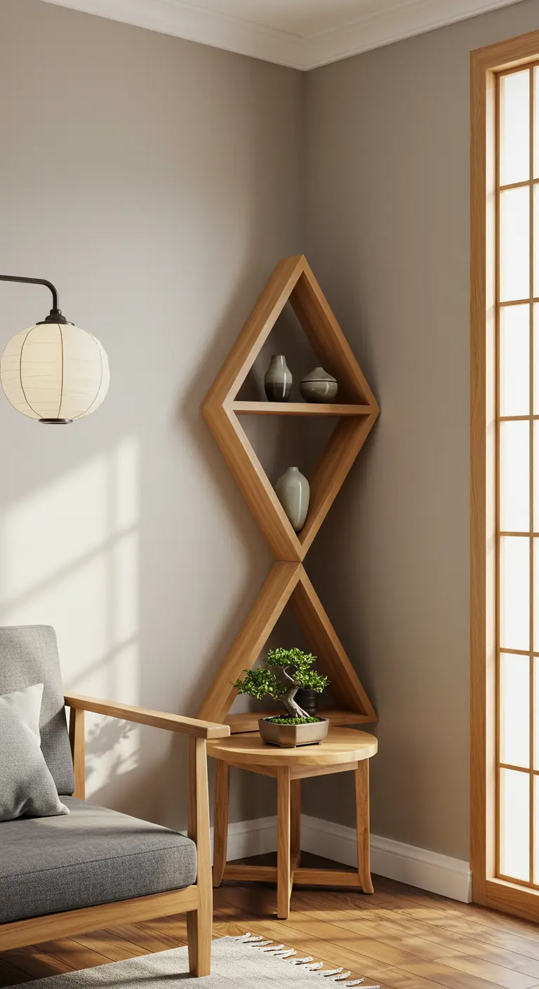 Estantería de esquina de madera con forma de rombo, decorada con jarrones y un bonsái