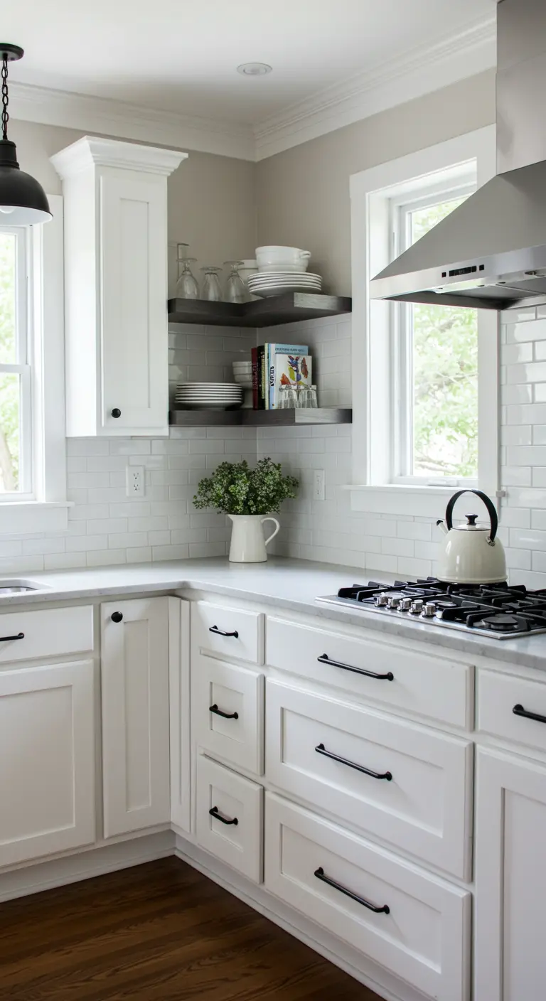 Repisas de esquina de color oscuro en una cocina blanca con gabinetes estilo shaker.