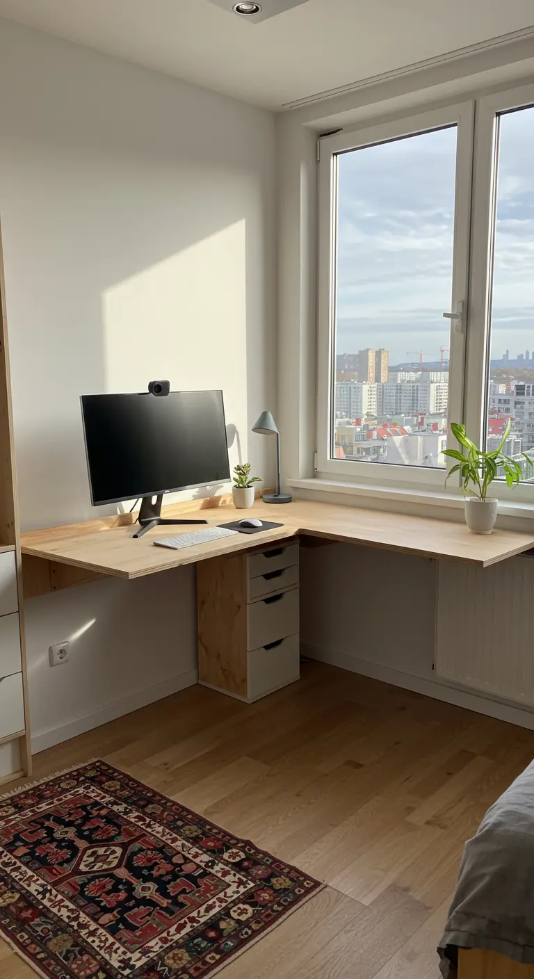 Escritorio de madera en forma de L que aprovecha una esquina junto a una ventana grande.