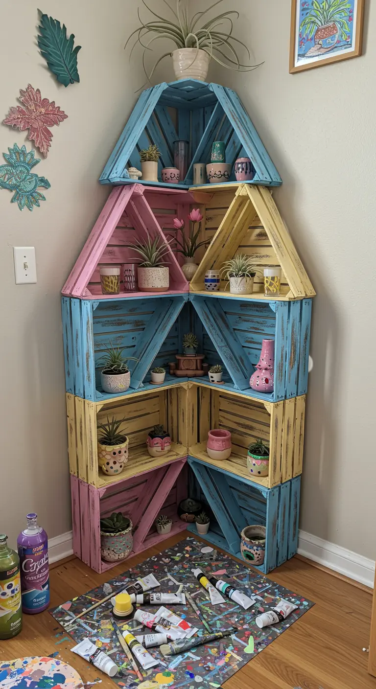 Estantería de esquina hecha con cajas de madera cortadas y pintadas en colores pastel.