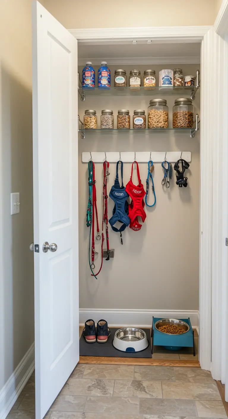Armario pequeño organizado como estación para mascotas con correas, comida y cuencos.