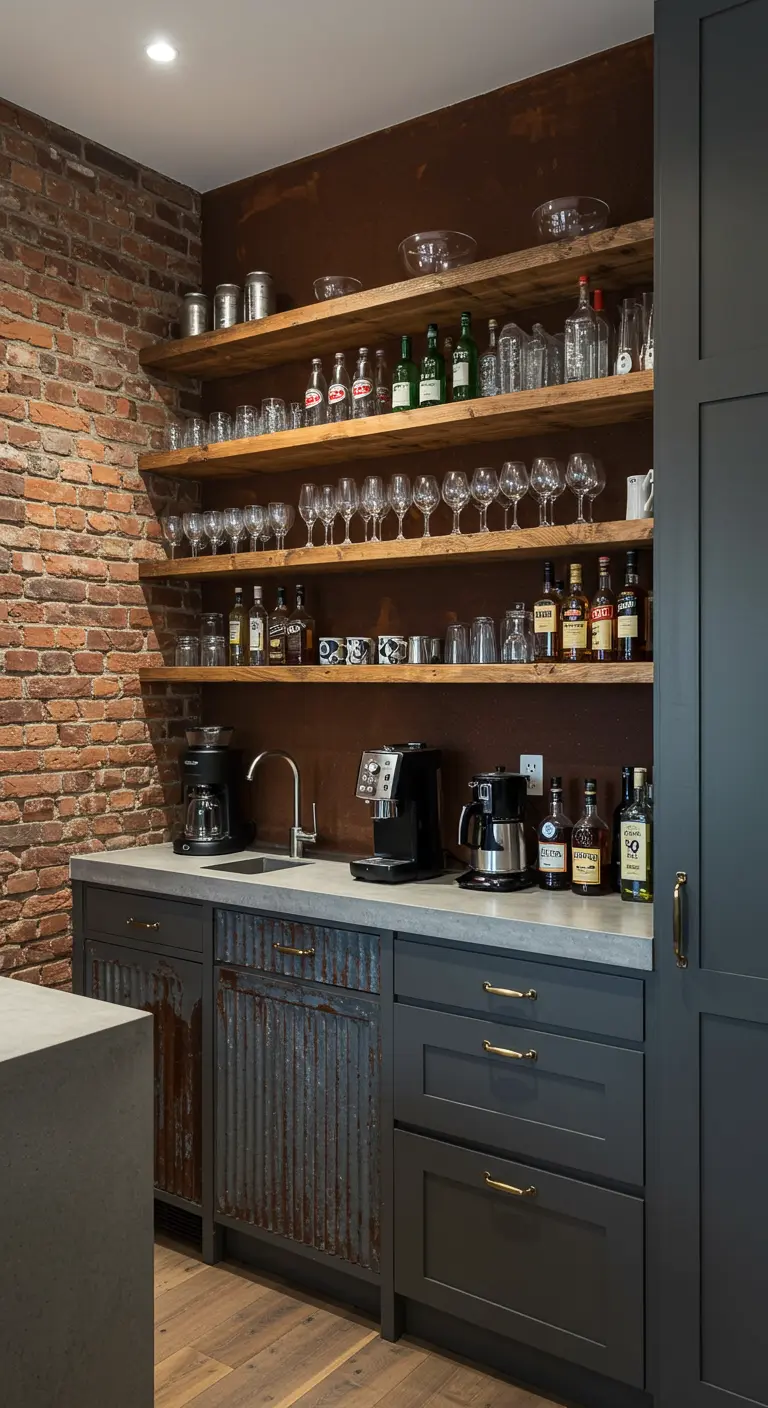 Rincón de bar en una cocina industrial con estanterías de madera y pared de ladrillo.