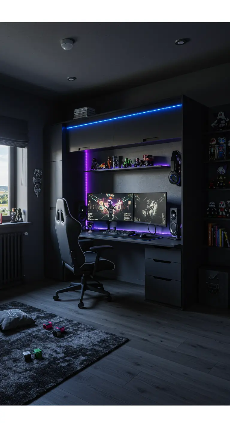 Dormitorio oscuro para gamers con una cama abatible que revela un escritorio con luces LED moradas y azules.