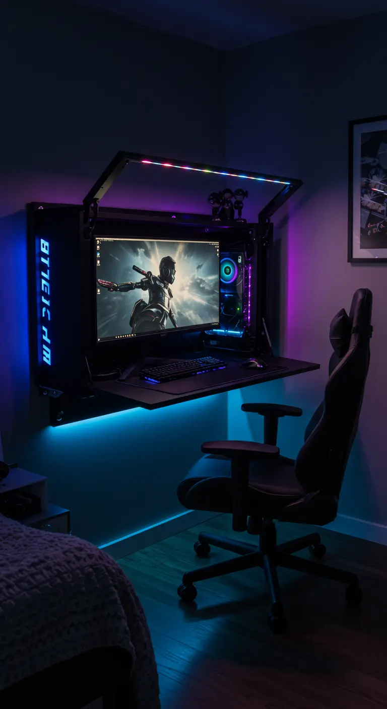 Estación de gaming plegable de pared, con luces LED de colores y monitor integrado.