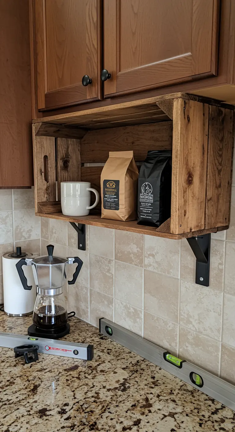 Una caja de madera montada como estante flotante bajo un armario de cocina, para una estación de café.