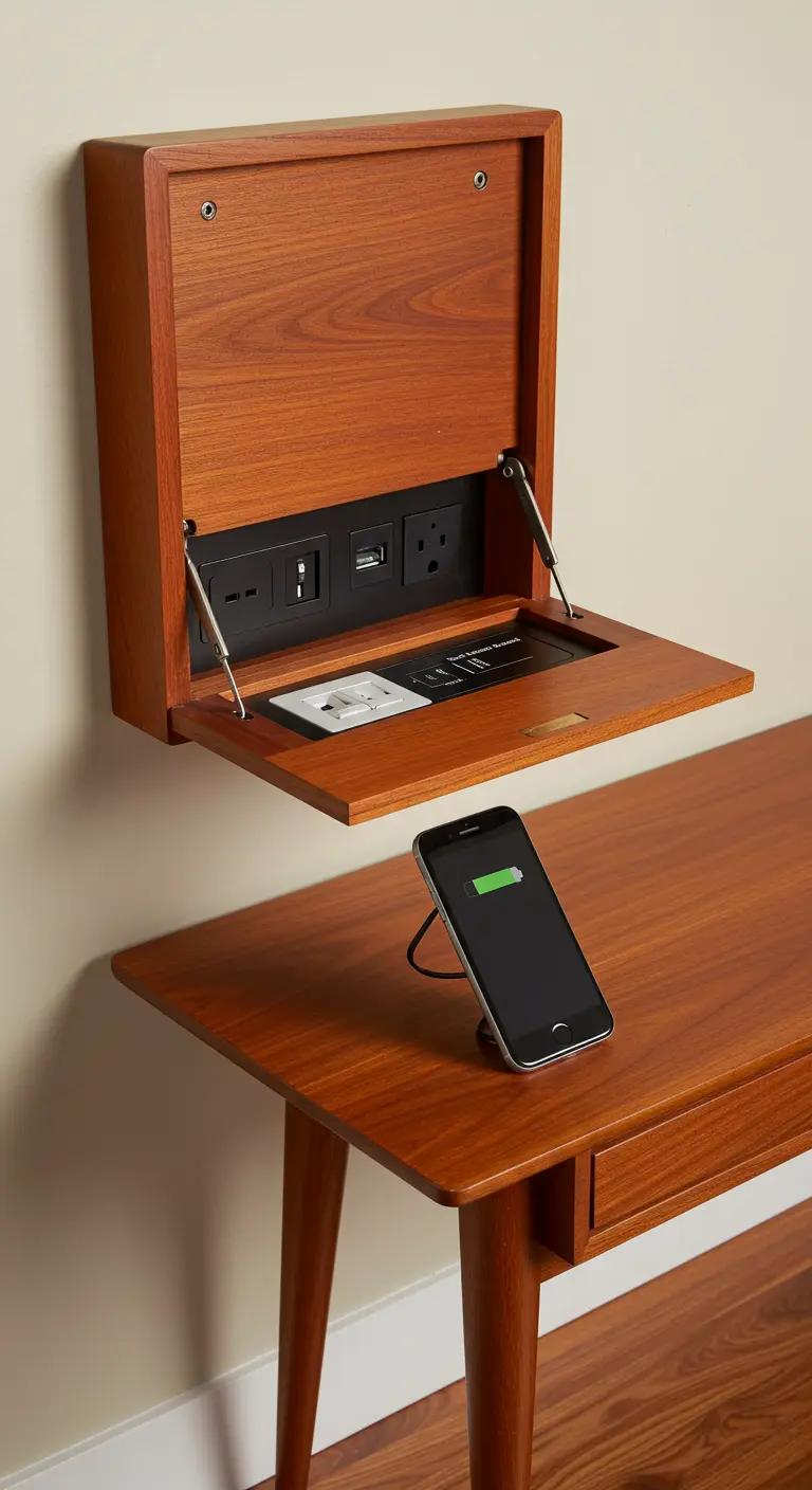 Caja de carga de madera de teca montada en la pared y abierta, con enchufes y un móvil cargando.