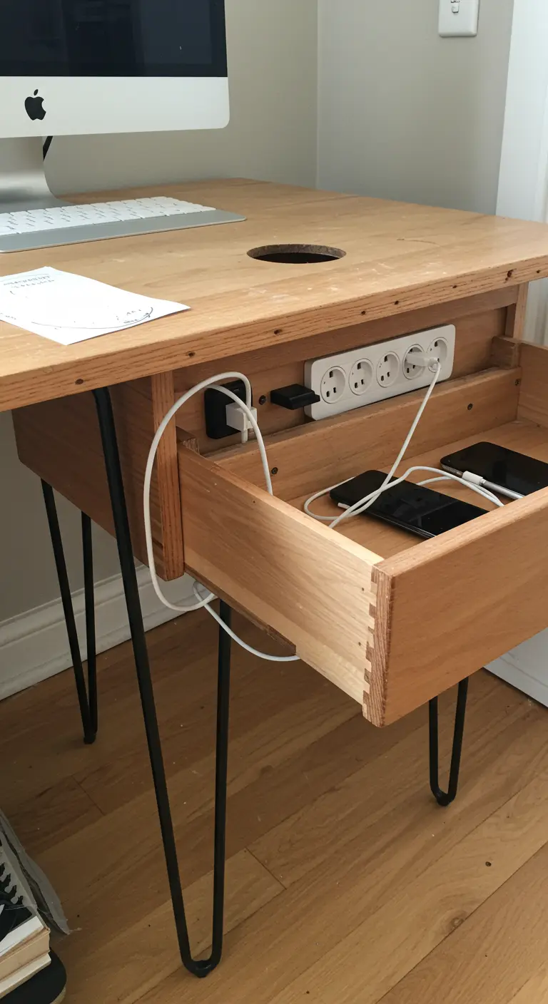 Escritorio con un cajón abierto que contiene una regleta para cargar dispositivos electrónicos