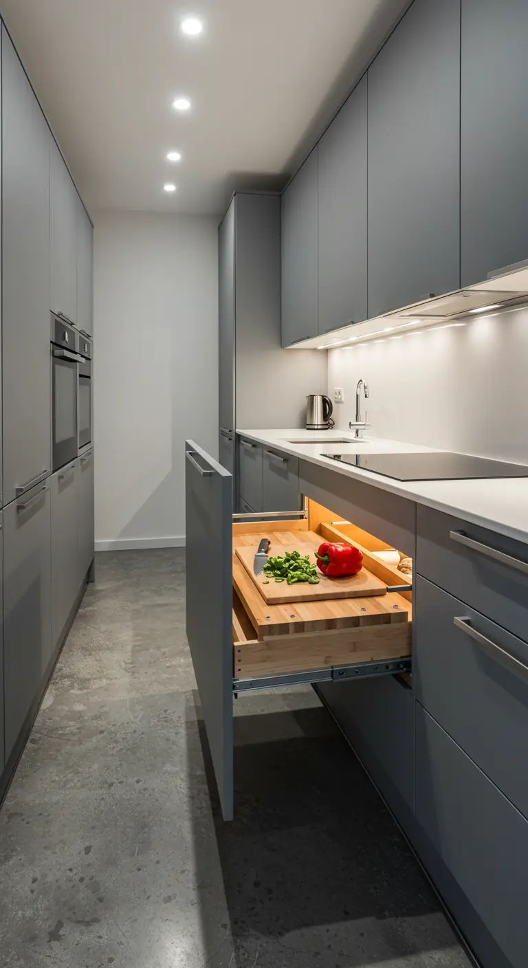 Cajón extraíble en una cocina moderna gris que revela una tabla de cortar de bambú iluminada