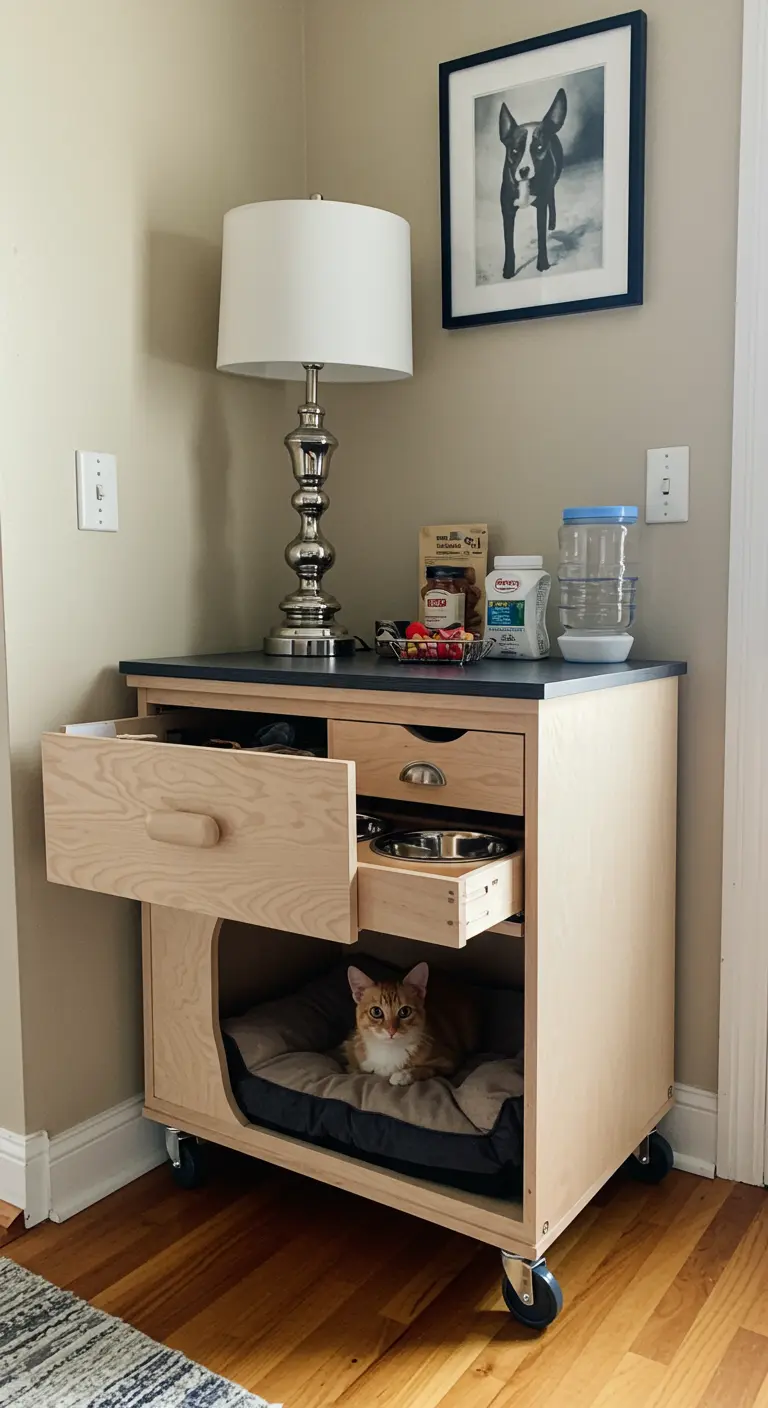 Mueble de madera con ruedas que sirve como estación de comida y cama para un gato.