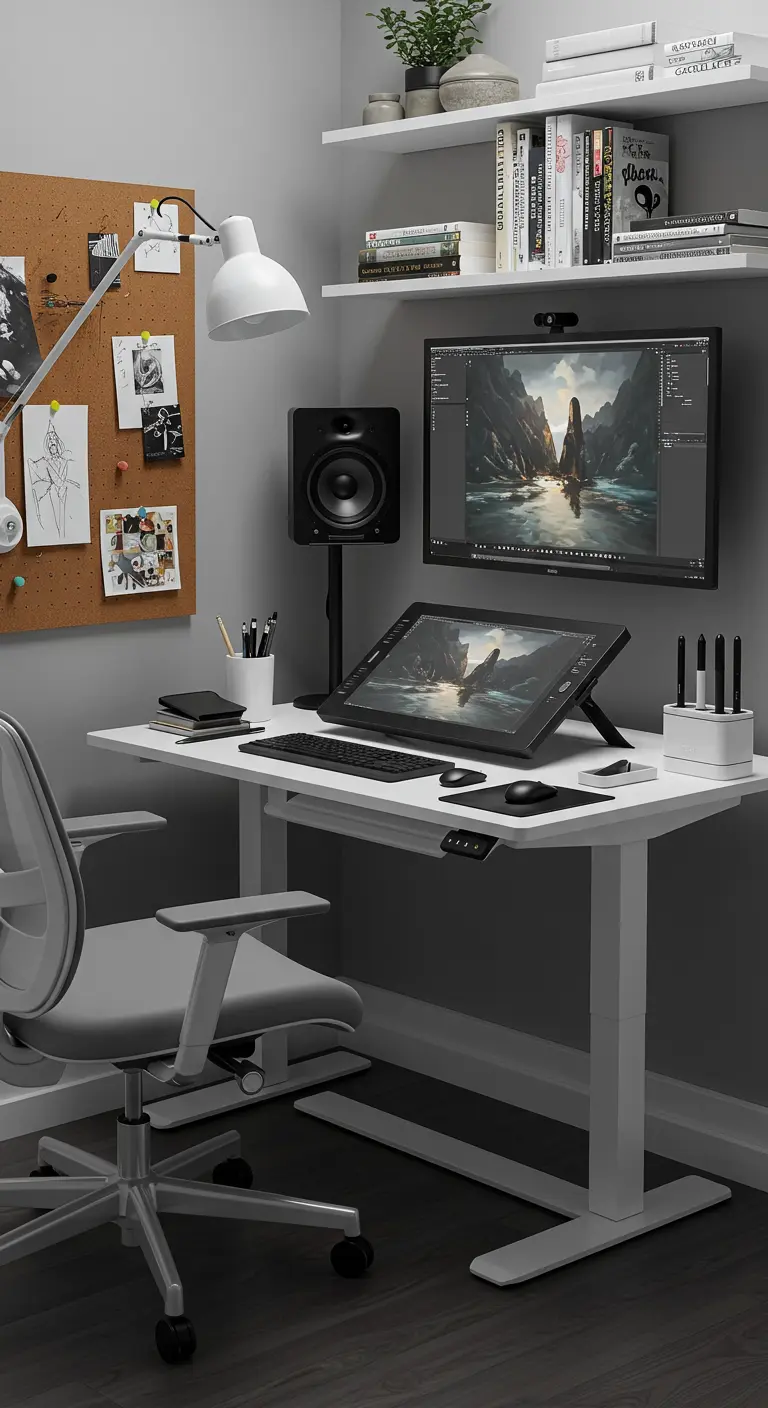 Escritorio de arte digital con tableta gráfica, monitor, silla ergonómica y tablero de corcho.
