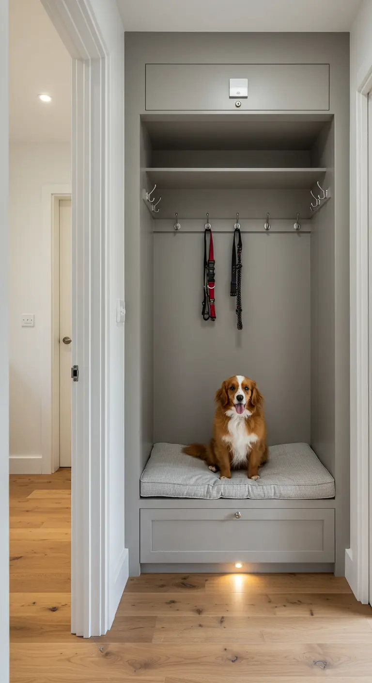 Mueble recibidor gris con un espacio con cojín para un perro y ganchos para correas.