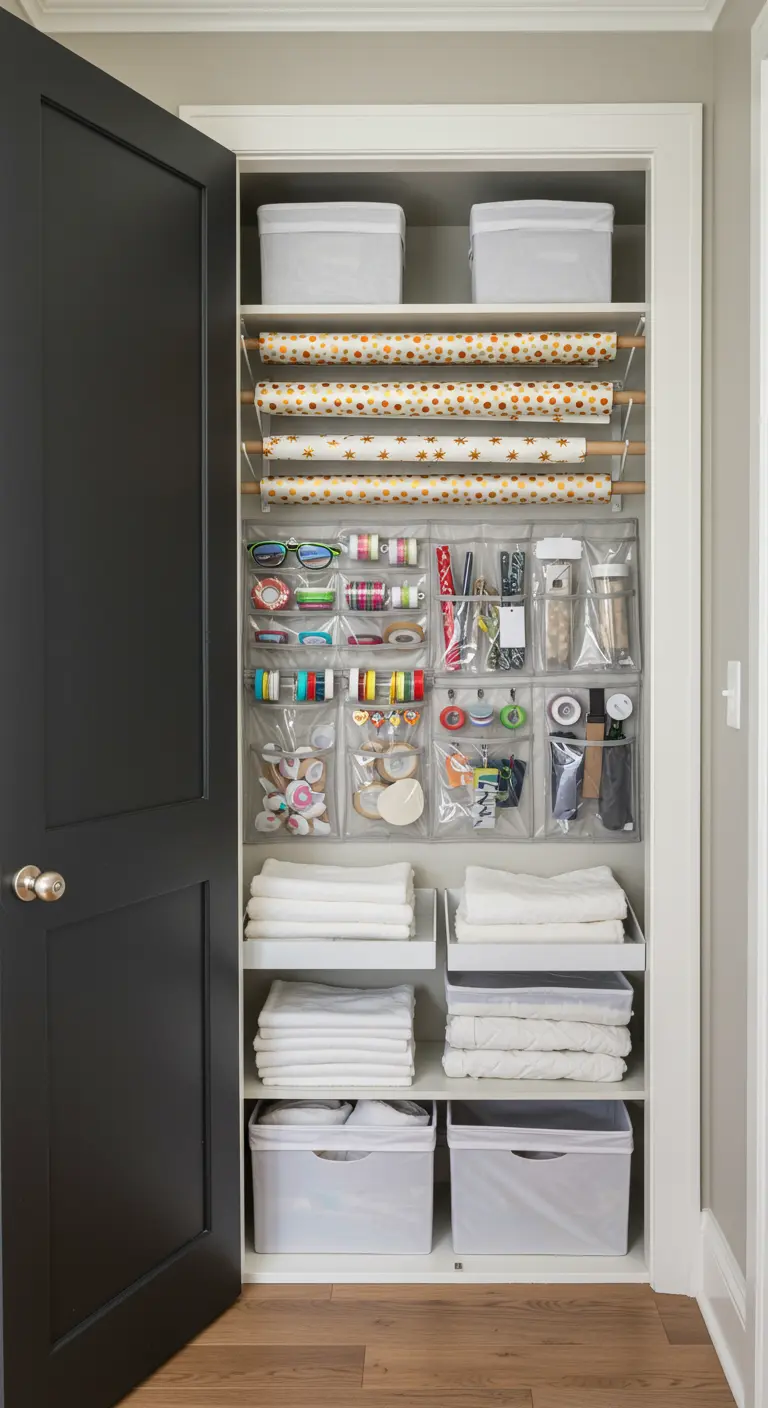 Organizador en la puerta de un armario con rollos de papel de regalo, cintas y lazos.