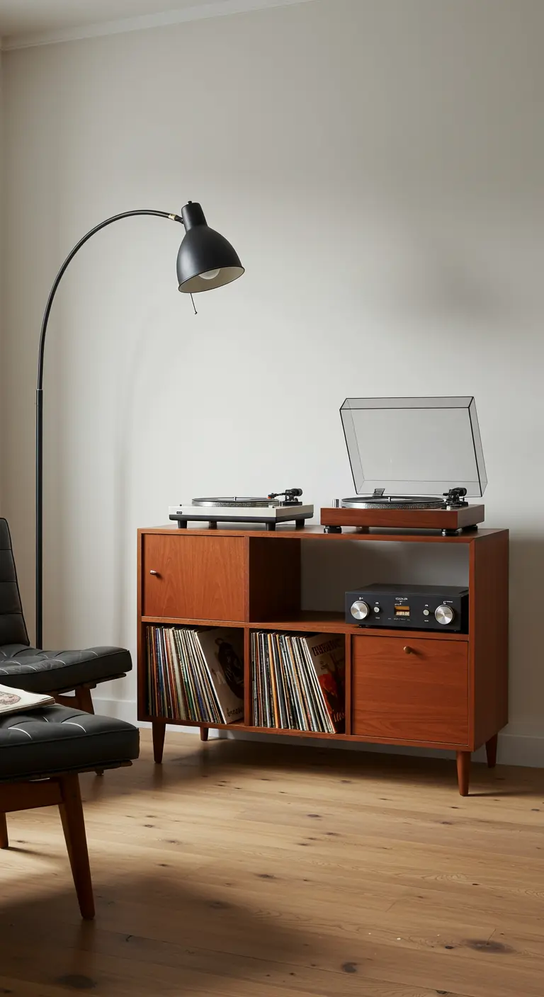 Mueble bajo de madera estilo mid-century con tocadiscos y una colección de discos de vinilo.