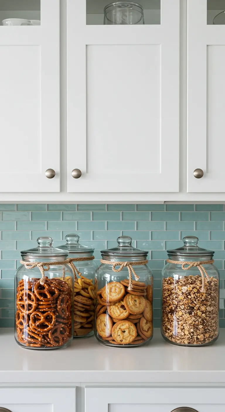 Frascos grandes de vidrio llenos de galletas y pretzels, decorados con cuerda de yute.