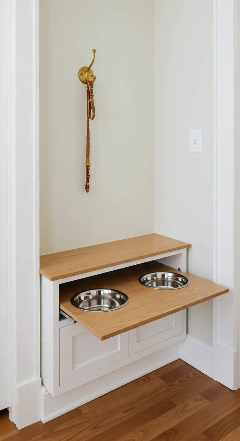 Mueble bajo blanco con una bandeja de madera extraíble que sostiene dos cuencos para mascotas.